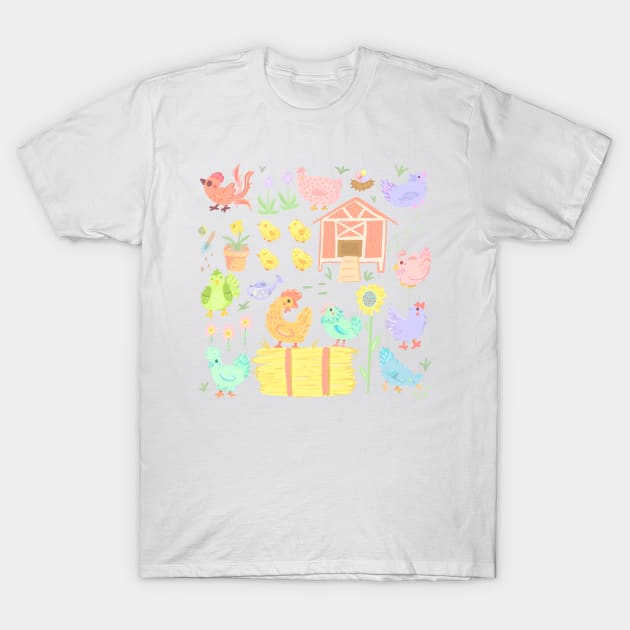 Pastel Spring Chickens and Flowers T-Shirt by narwhalwall